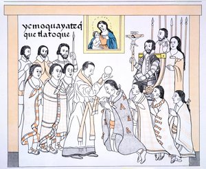Kaziken empfangen die Kommunion von einem Priester im Haus von Hernando Cortes (1485-1547), Illustration aus einer Faksimile einer mexikanischen indianischen Bildgeschichte Lienzo de Tlaxcala von ca. 1550, 1892
