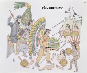 Hernando Cortes (1485-1547), unter Belagerung in Tenochtitlan, beschließt die Stadt zu verlassen, Illustration aus einer Faksimile einer mexikanischen indianischen Bildgeschichte Lienzo de Tlaxcala von ca. 1550, 1892