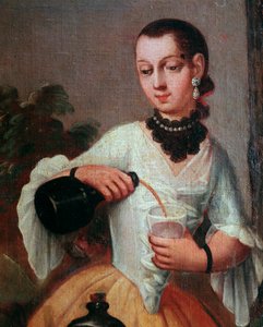 Dame, die Wein in ein Glas gießt (Detail), Gemälde der mexikanischen Schule