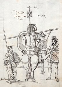 MS Hunter 242 f.248r Picarus oder Pizarro und Kriegspferd, Illustration aus der Historia de Tlaxcala von Diego Muñoz Camargo