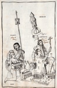 MS Hunter 242 f.248v Picarus (Pizarro) präsentiert Peru und Cortesius (Cortés) Nueva España, Illustration aus der Historia de Tlaxcala von Diego Muñoz Camargo von Mexican School