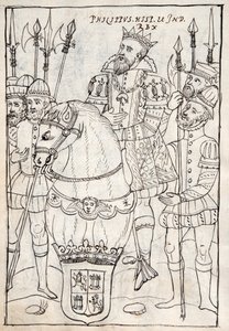 MS Hunter 242 f.249v Philipp II. zu Pferd, trägt den Orden vom Goldenen Vlies, umgeben von Bewaffneten, Illustration aus der Historia de Tlaxcala von Diego Muñoz Camargo