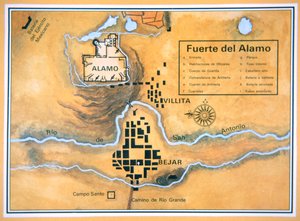 Karte des Alamo-Gebiets in San Antonio basierend auf Santa Annas ursprünglicher Schlachtfeldkarte