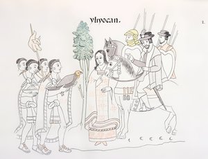 Treffen von Hernando Cortes (1485-1547) und den Azteken, Illustration aus einer Faksimile einer mexikanischen indianischen Bildgeschichte Lienzo de Tlaxcala von ca. 1550, 1892