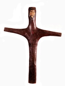 Mexikanische Kunst: Polychromes Holzkreuz mit geschnitztem Christuskopf aus einem Stück. 17. Jahrhundert. Mexiko, Michoacán Regionalmuseum von Mexican School