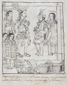 Montezuma trifft Cortez, aus Historia de Tlaxcala von Diego Muñoz Camargo