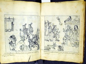 Ms Hunter 242 256v-257r Cortez und Montezuma, aus Historia de Tlaxcala von Diego Munoz Camargo von Mexican School