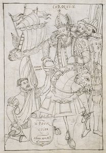 Christoph Kolumbus bietet symbolisch die Neue Welt Karl V. an, aus Historia de Tlaxcala von Diego Muñoz Camargo