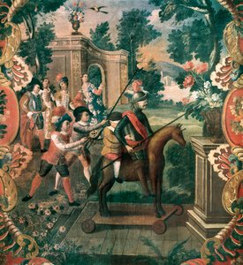 Szene aus "Don Quijote von der Mancha" (Der sinnreiche Junker Don Quijote von der Mancha) von Miguel de Cervantes Saavedra (1547-1616) von Mexican School