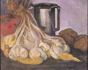 Ein Bund Knoblauch und ein Zinnkrug von Meyer Isaac de Haan
