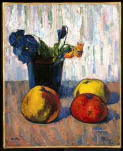 Stillleben mit Äpfeln und Blumenstrauß von Meyer Isaac de Haan