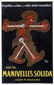Werbung für Velo-Kurbeln aus massivem Stahl. Zeichnung von Mich (Michel Liebeaux) von Mich