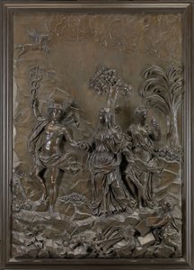 Die Stowe-Reliefs: Merkur führt Tragödie und Komödie zum Parnassus-Hügel, ca. 1740 (bronziertes Lindenholz) von Michael (attr.to) Chuke