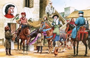 Canterbury Tales. Pilger brechen vom Tabard Inn auf.
