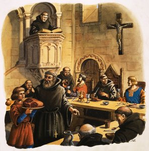 Novizen servieren Mahlzeiten im Refektorium