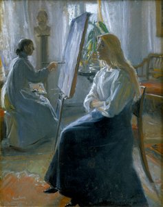 Im Atelier, Anna Ancher, die Frau des Künstlers beim Malen von Michael Peter Ancher