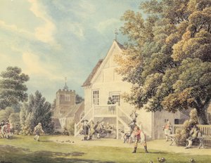 Ein Spiel von Bowls auf dem Bowling Green vor dem Gasthaus Bunch of Grapes, Hurst, Berkshire von Michael Rooker