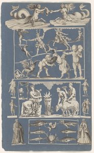 Collage von ausgeschnittenen Drucken auf blauem Papier von Michael Snijders (attributed to)