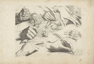 Studienblatt mit Zeichenbeispielen: Hände und Porträt von Hendrick Goltzius