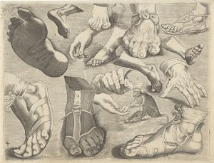 Studienblatt mit Zeichenbeispielen: Hände, Füße und ein Äffchen (Serie) von Michael Snijders