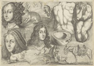 Studienblatt mit Zeichenbeispielen: Köpfe, Tiere, Figuren von Michael Snijders