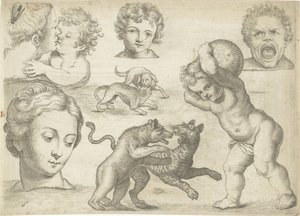 Studienblatt mit Zeichenbeispielen: Köpfe und kämpfende Tiere (Serie) von Michael Snijders