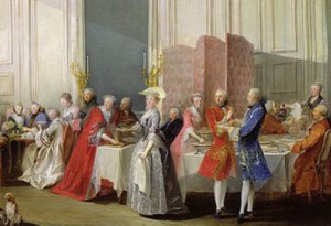 Englischer Tee im Salon des Quatre Glaces im Haus des Prinzen de Conti (1717-76) Palais du Temple, (Detail) von Michel Barthelemy Ollivier or Olivier