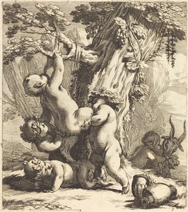 Putti und Faune klettern an einer Weinrebe