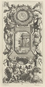 Ornamentales Panel mit einer Büste einer Frau und zwei Putti mit flammenden Trompeten von Michel Dorigny, after Simon Vouet