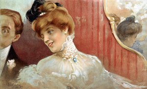 Frau beim Konzert - Chromolithographie von Simonidy