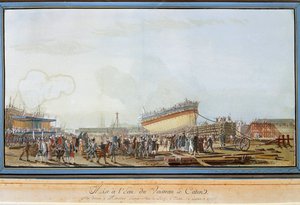Der Stapellauf des Schiffes Le Caton im Hafen von Toulon in Anwesenheit des Grafen der Provence im Juli 1777 (Gouache)