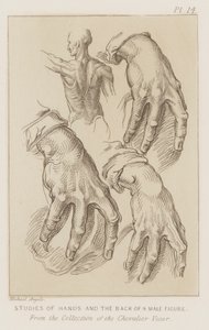 Studien von Händen und dem Rücken einer männlichen Figur (Radierung) von Michelangelo (after) Buonarroti