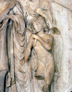 Engel, venezianischer Marmor, frühes 16. Jahrhundert. Beerdigungszeremonie, Detail, Louvre Museum. Skulptur von Michelangelo Buonarroti genannt Michelangelo (Michelangelo oder Michelangelo) von Michelangelo Buonarroti