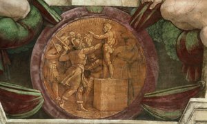 Medaille zeigt die Zerstörung der Statue des Gottes Baal..., 1508-1512 von Michelangelo Buonarroti