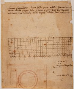 Skizze für ein Fenster, handschriftliche Anmerkungen und grafische Berechnung von Michelangelo Buonarroti