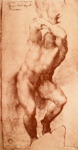 Studie für eine der Figuren des Jüngsten Gerichts, Zeichnung von Michelangelo. Gallerie dell
