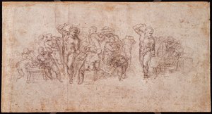 Studie von Figuren für eine Erzählungsszene (Schwarzkreide auf Papier) (recto) von Michelangelo Buonarroti