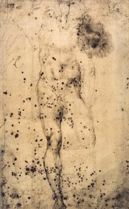 Studie eines männlichen Aktes mit erhobenem linken Bein; Zeichnung von Michelangelo. Musée du Louvre, Paris
