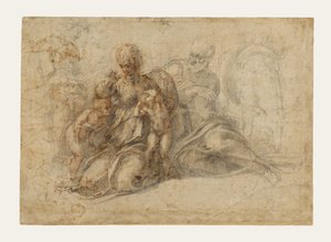 Die Heilige Familie mit dem kleinen Johannes dem Täufer (recto); Amoröse Putti beim Spiel; Kopf eines Vogels (verso) von Michelangelo Buonarroti