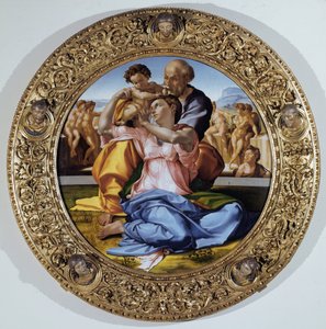 Tondo Doni: Die Heilige Familie mit dem Kind Johannes dem Täufer von Michelangelo Buonarroti