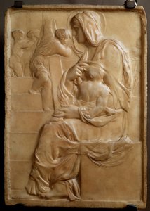Jungfrau auf der Treppe (Madonna della Scala) Flaches Marmorrelief von Michelangelo Buonarroti