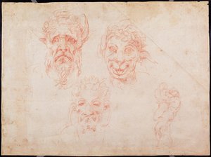 W.33 Skizzen von Satyrgesichtern (Rötel auf Papier) von Michelangelo Buonarroti