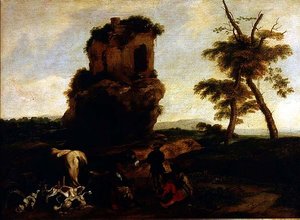 Landschaft mit Reisenden, die sich in der Nähe eines Gasthauses ausruhen