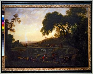 Landschaft mit einer Brücke und Bauern und Kühen und Ziegen von Michelangelo Cerquozzi