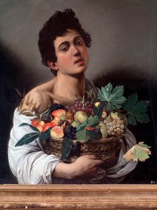 Porträt eines jungen Mannes mit einem Korb voller Früchte, oder der Obstverkäufer (Detail) von Michelangelo Merisi da Caravaggio