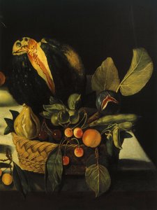 Stillleben mit Blumen und Früchten, von Meister des Hartford-Stilllebens, ca. 1600-10 (Detail) von Michelangelo Merisi da Caravaggio
