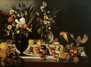 Stillleben mit Blumen und Früchten, von Meister des Hartford-Stilllebens, ca. 1600-10