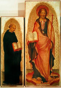 Heiliger Jakobus mit Heiligen, Detail von St. Jakobus und Filippo Benizzi, ca. 1450 (Detail) von Michele Giambono