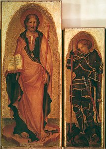 Heiliger Jakobus mit Heiligen, Detail von St. Jakobus und Erzengel Michael, ca. 1450 (Detail)