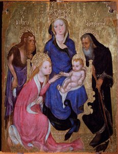 Die mystische Hochzeit der Heiligen Katharina mit den Heiligen Johannes dem Täufer und Antonius von Ägypten - Gemälde, ca. 1420 von Michelino Molinari da (attr. to) Besozzo